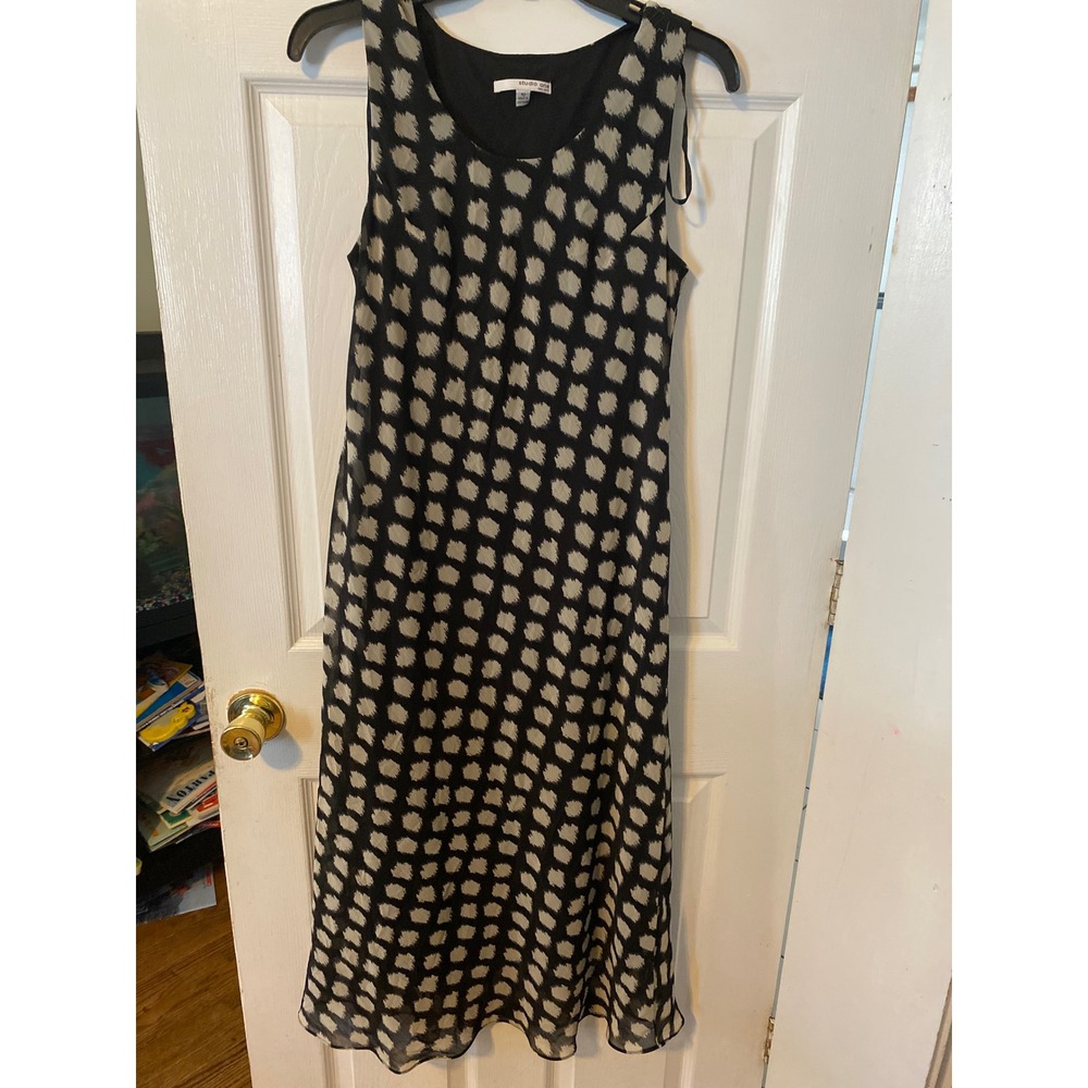 Studio One New York Black Cream Ikat Dot Sleeveless Midi Dress Size 10